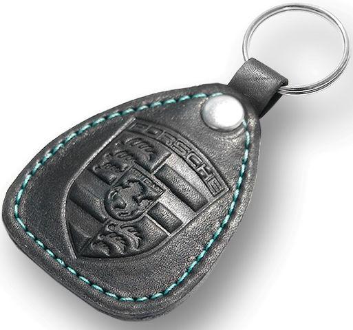 New leather black / turquoise keychain car logo porsche auto emblem keyring