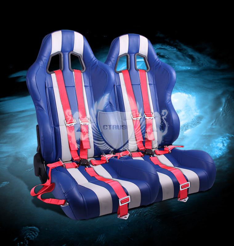 2x blue/white stripe reclinable racing bucket seat + 5-pt red belt camlock strap