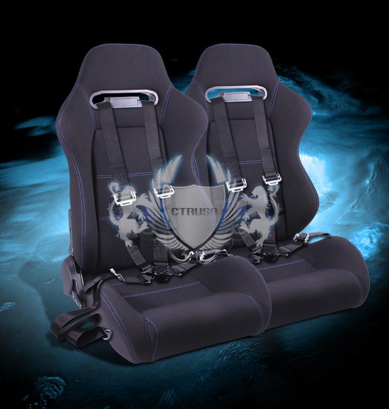 2x universal black/blue fabric racing seats +4-pt camlock harness seat belts new