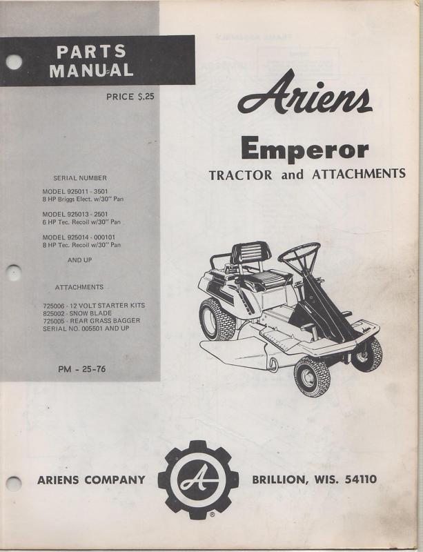  ariens emperor tractor & attachments  parts manual p/n pm-25-76 (054)