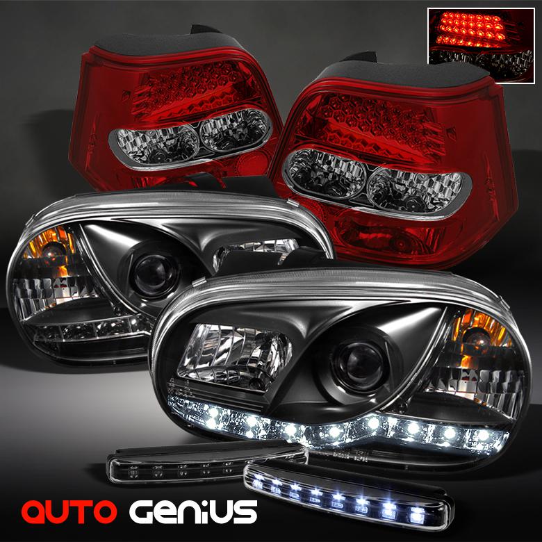 99-06 golf black drl projector headlights + red smoke led tail lights + drl led