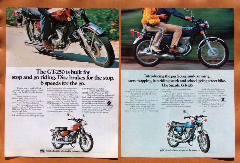 0541   two different full colour 1973 suzuki ads! gt-250 + gt-185