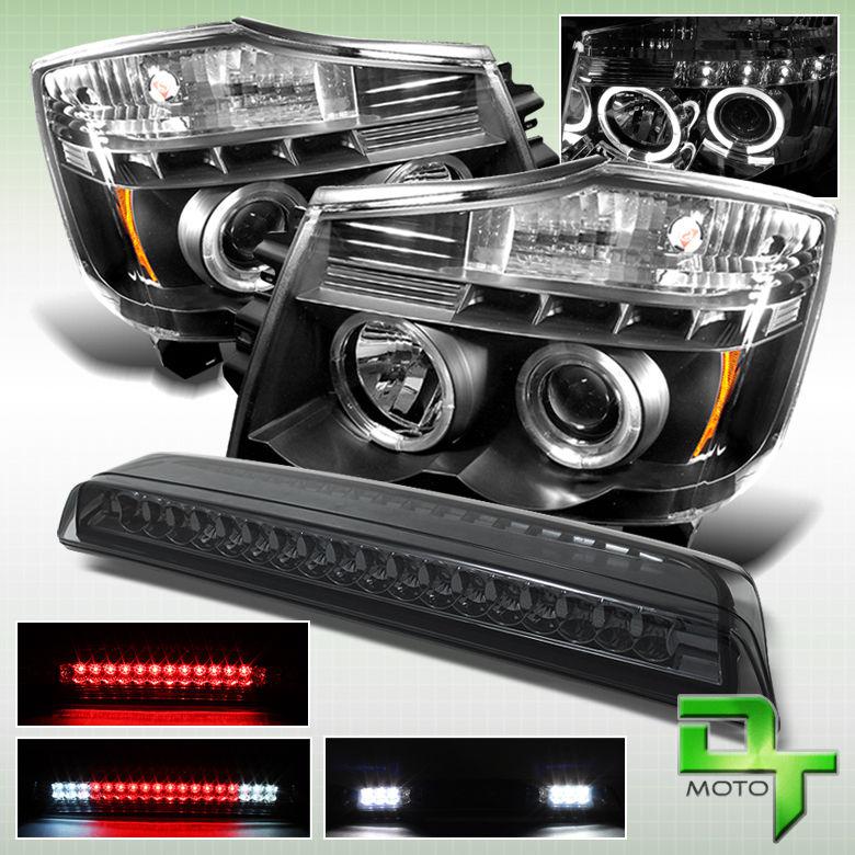 Black 04-13 titan dual halo projector led headlights+smoke 3rd brake lamp