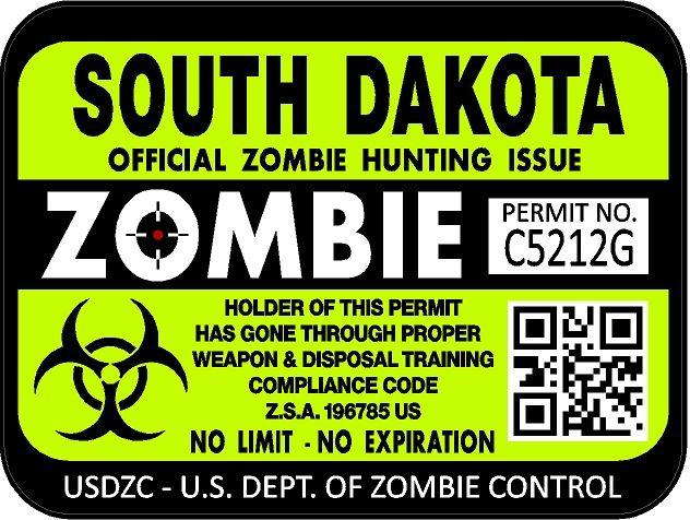 South dakota zombie hunting license permit 3"x4" decal sticker outbreak 1251