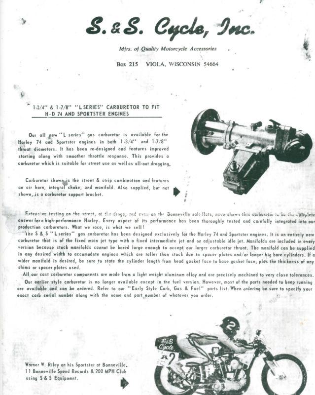 S&s carb l-series catalog, (very first s&s catalog),(rare 4 page catalog)