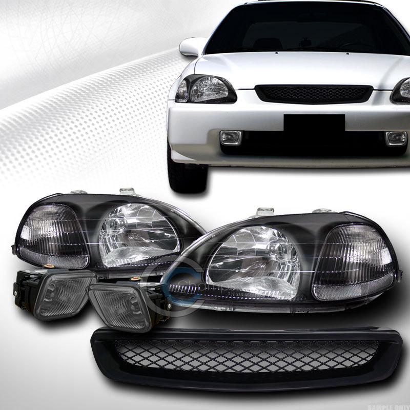 Jdm blk head lights dy+grill grille abs+fog lamps smoke 96-98 honda civic ek ek9