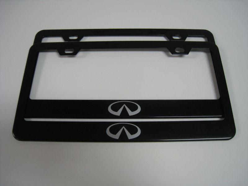 (2) black coated metal license plate frame - infiniti "logo"