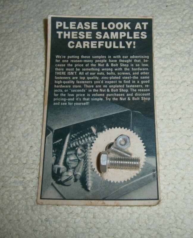 Vintage "nut and bolt shop", sample nut, bolt, and screw