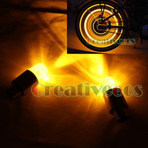 2x bike motorcycle wheel tyre tire valve caps covers neon led lights bulb yellow