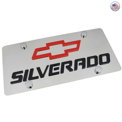 Chevy red bowtie + silverado name on polished stainless steel license plate