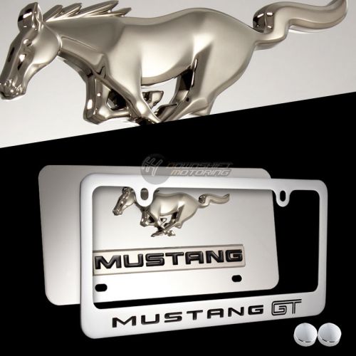 Ford mustang gt 3d stainless steel license plate frame w/ cap -2pcs front &amp; back