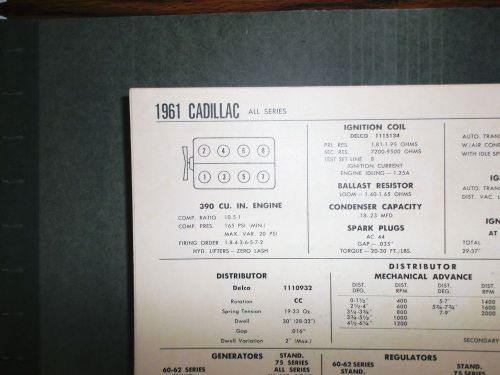 1961 cadillac eight series all models 390 cubic inch v8 tune up chart