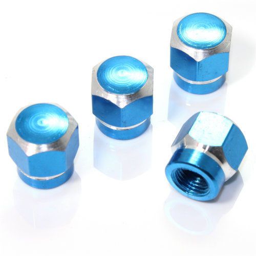 4 blue hex aluminum wheel tire pressure air stem valve caps for auto-car-truck