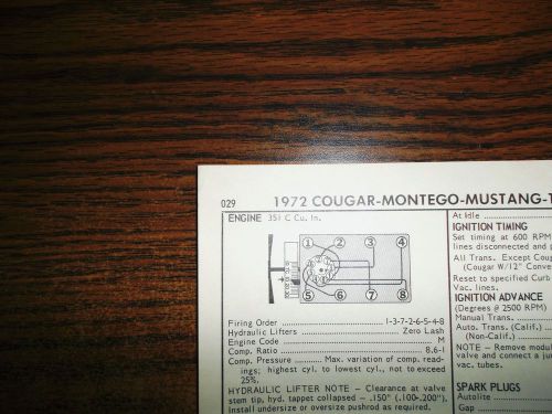 1972 mercury, cougar, ford &amp; mustang 248 hp 351 c ci v8 4bbl sun tune up chart