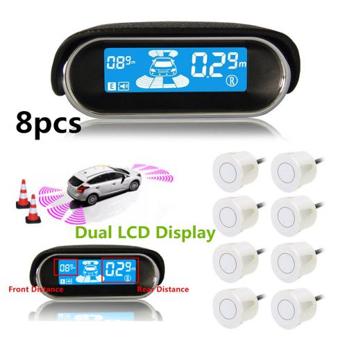 Dual lcd display white parking sensors car front rear reverse backup safe alarm