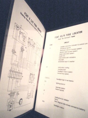 Fiat x 1/9 fuse &amp; circuit charts~1974 through 1980~laminated~double-sided