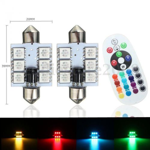 2x 39mm rgb led festoon map/dome car interior light lamp bulbs + remote control