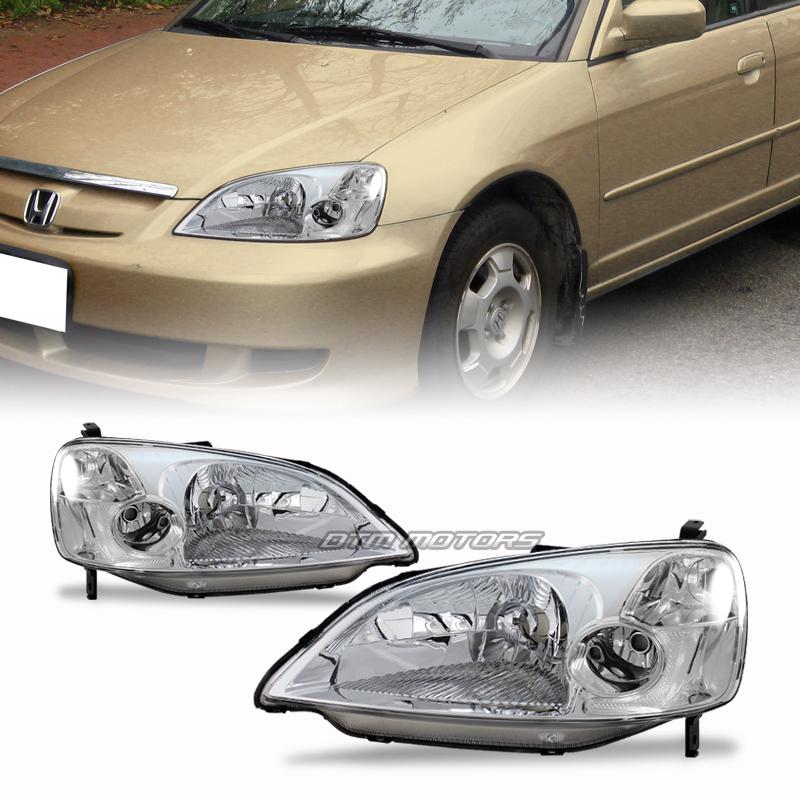 01-03 honda civic coupe/sedan chrome housing clear lens headlight lamps