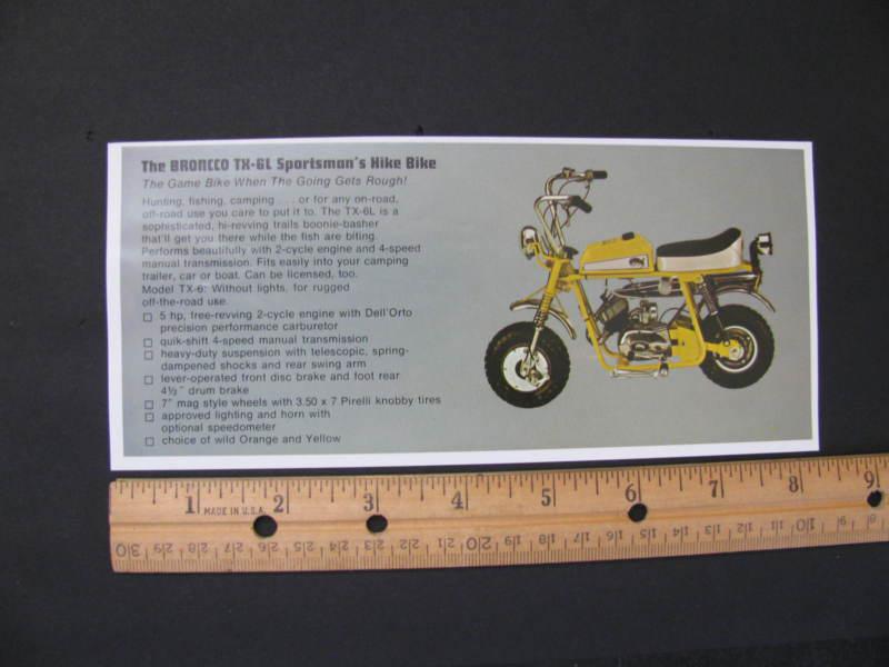 Broncco tx-6 spec sheet from lineup brochure, vintage mini bike authentic