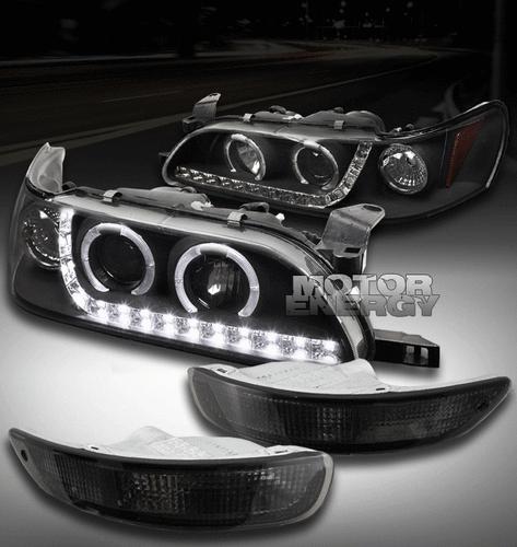 1993-1997 toyota corolla halo drl led jdm black projector head light+bumper bulb