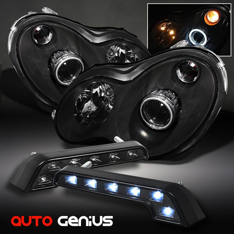 01-05 w203 c-class ccfl halo black projector headlights + daytime running lights