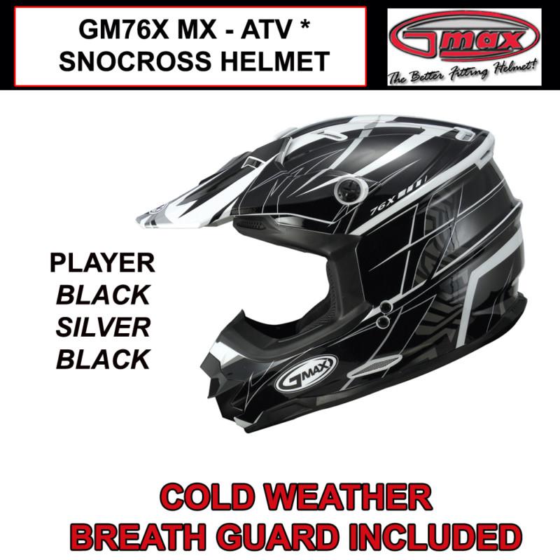 Gmax gm76x 2013 mx atv snocross helmet player blk/svr/wht (s,m,l,xl,2x,3x) nib