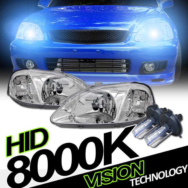 Left+right 99-00 civic coupe/hatchback/sedan chrome headlights+8000k xenon hid