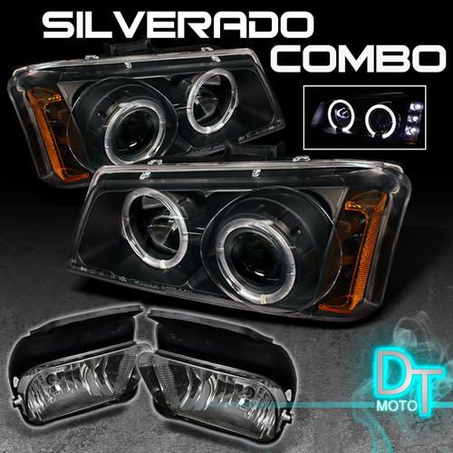 03-06 chevy silverado led twin halo projector black head lights+smoke fog lamps