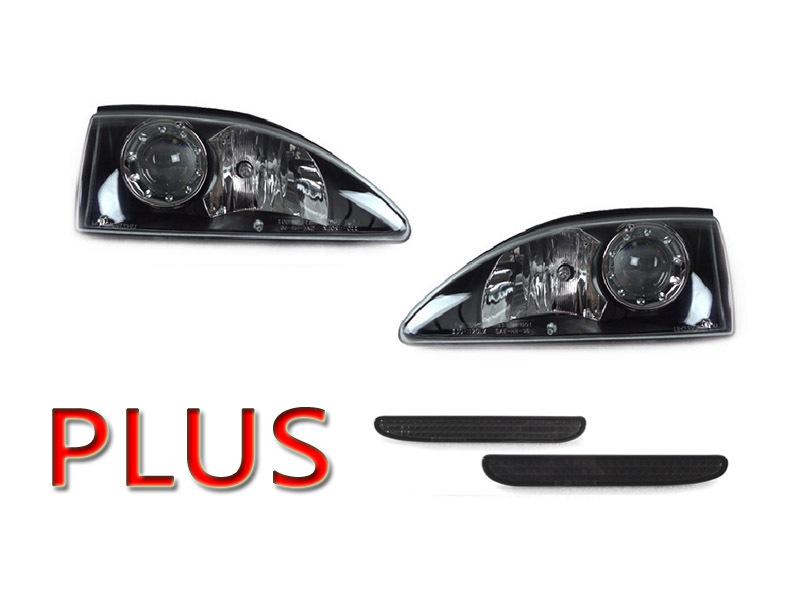 94-98 ford mustang black housing projector headlights + rear smoke reflectors