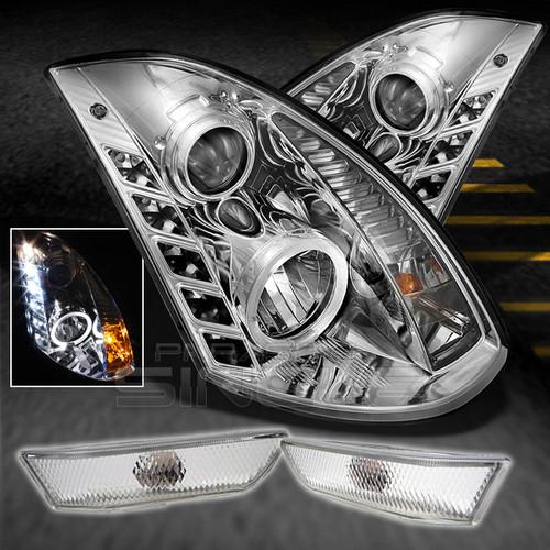 03-06 g35 2dr chrome halo projector drl led headlights+clear side marker signal