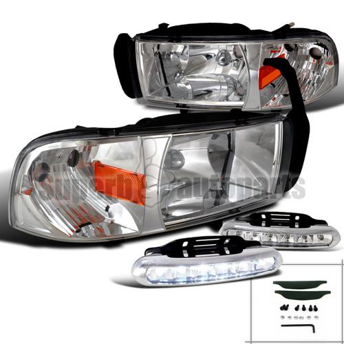 1994-2001 dodge ram 1500/2500/3500 1pc headlights chrome/ clear+led drl fog lamp