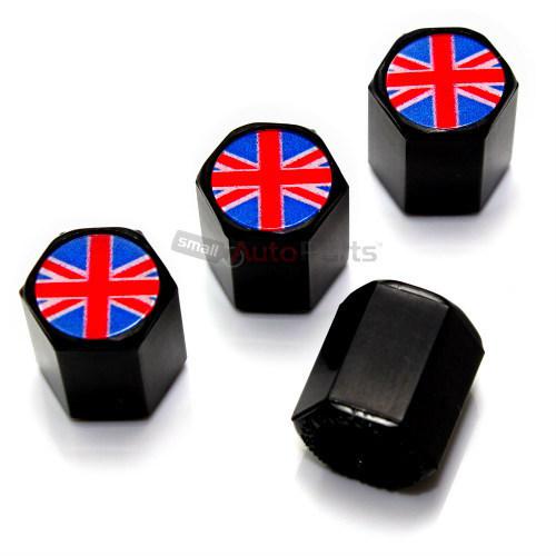 (4) british flag logo black tire/wheel air pressure stem valve caps covers