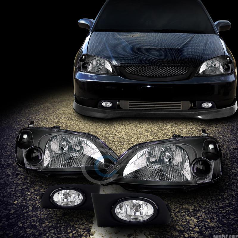 Jdm black head lights signal dy+fog lamps w/switch clear 01-03 honda civic 2d/4d