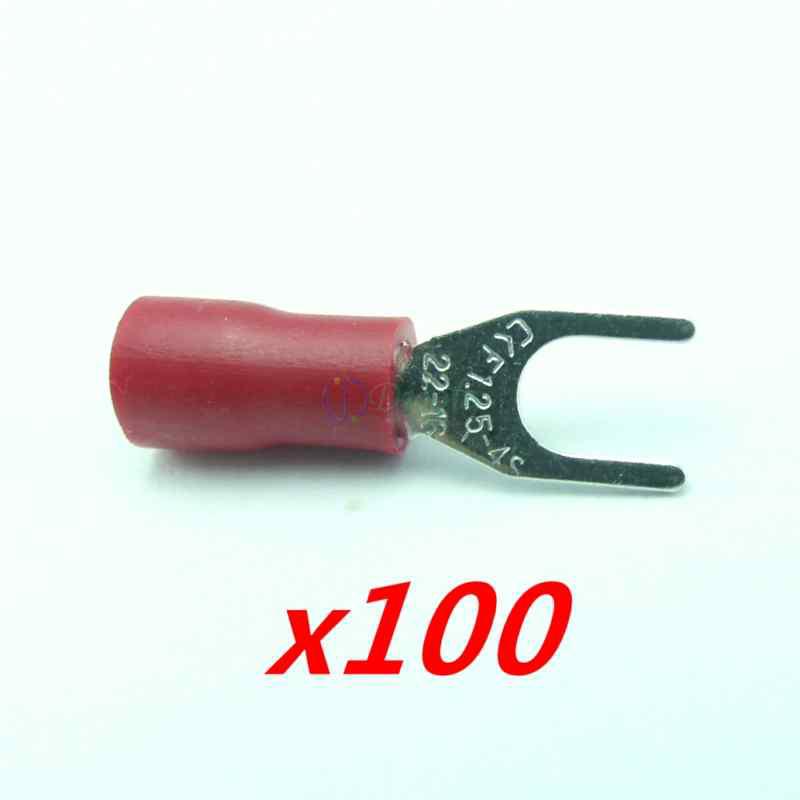 100x red insulated fork spade crimp connector terminals fit awg 22-16 cable