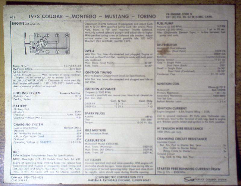 1973 ford mustang & mercury, cougar eight code q 351 cj v8 tune up chart last 1!