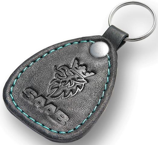 New leather black / turquoise keychain car logo saab auto emblem keyring