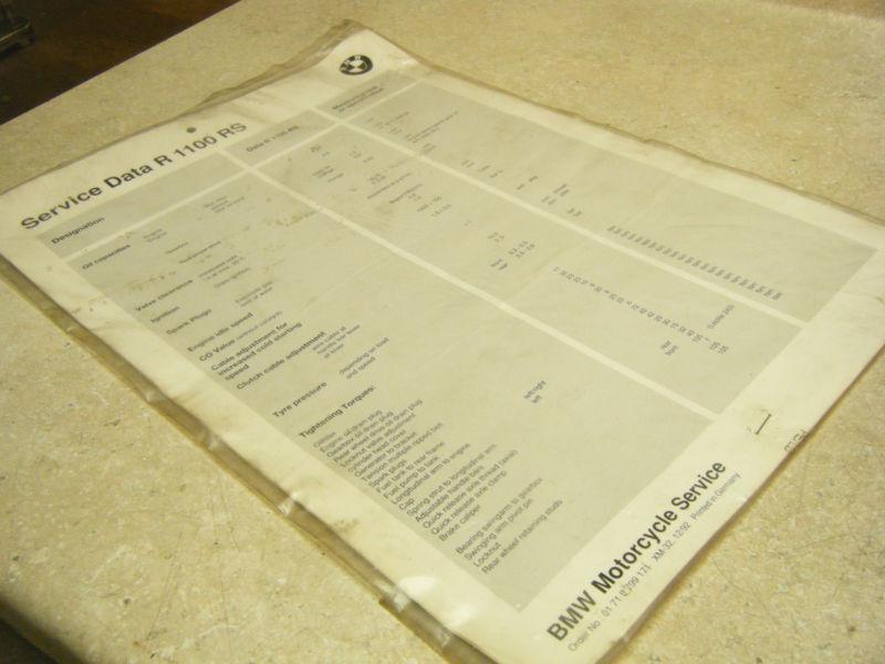 Original bmw motorcycle service data wall chart r1100 rs 1992 