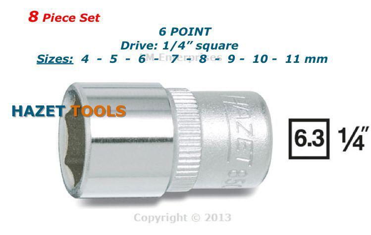 Hazet socket 8 piece set size  4 to 11 mm 6 point - 1/4" drive chrome finish new