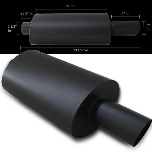 Black muffler ~ 3" slant black tip/2.5"inlet/longer body