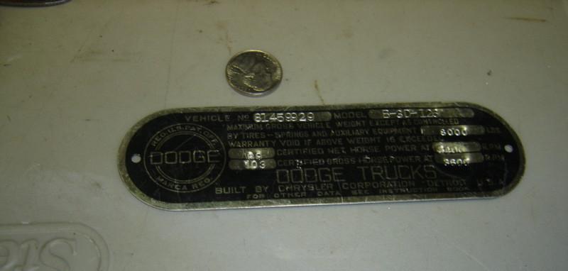1951 dodge truck body motor auto car id tag badge plate