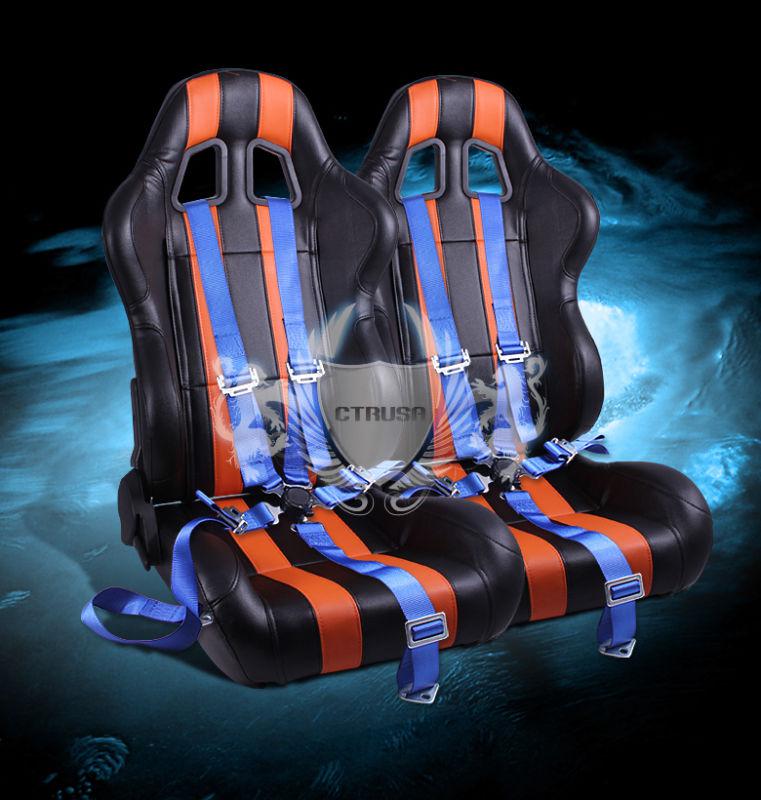 2x blk/orange stripe reclinable vinyl racing seats + 5-pt blue camlock strap new