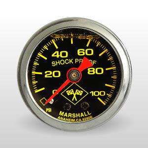 Marshall gauge 0-100 psi 1.5" dia liquid 1/8" npt midnight fuel pressure chrome