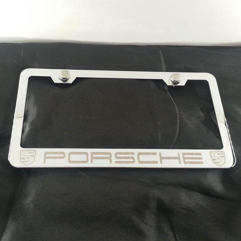 Porsche chrome stainless steel license plate frame + screws + caps laser engrave