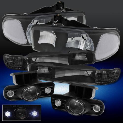 Black 99-06 yukon sierra headlights +bumper signal+smoke projector fog lights