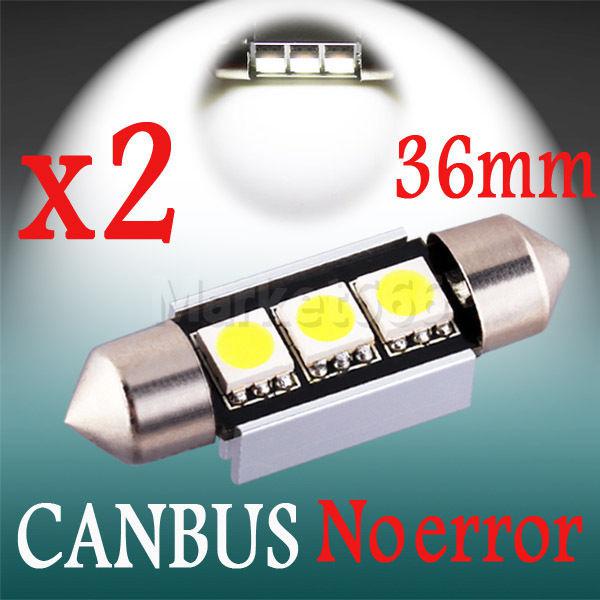 2pcs 36mm 3 smd pure white dome festoon canbus obc no error led car light bulb