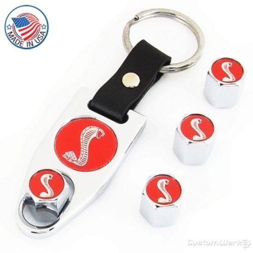 Mustang cobra red logo chrome tire valve caps key chain