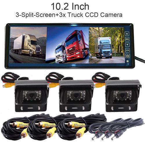 10.2&#034; 3 split screen car monitor rear view mirror+3x ir ccd truck backup camera