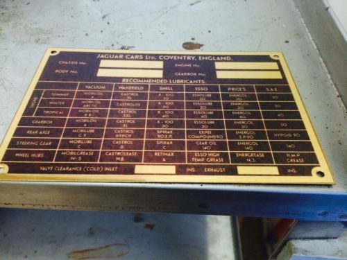 New jaguar id lubrication specification plate solid brass xk120 xk140