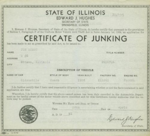 Rare 1928 oldsmobile coach certificate of junking original state issued document