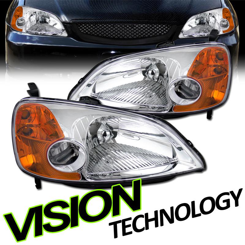 Amber reflector 01-03 civic 2d/4d chrome housing clear lens headlights assembly